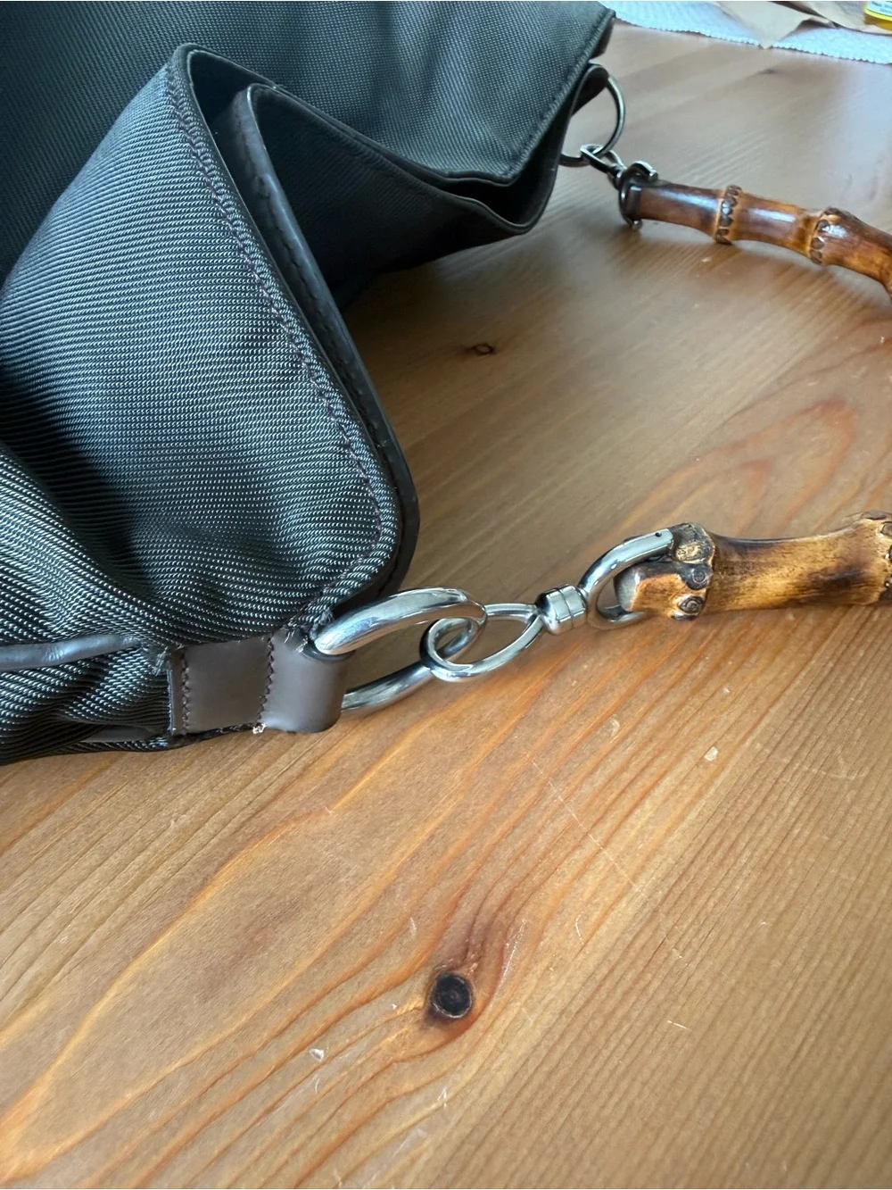 Vintage Gucci Dark Green Nylon Shoulder Bag with Bamboo Handle